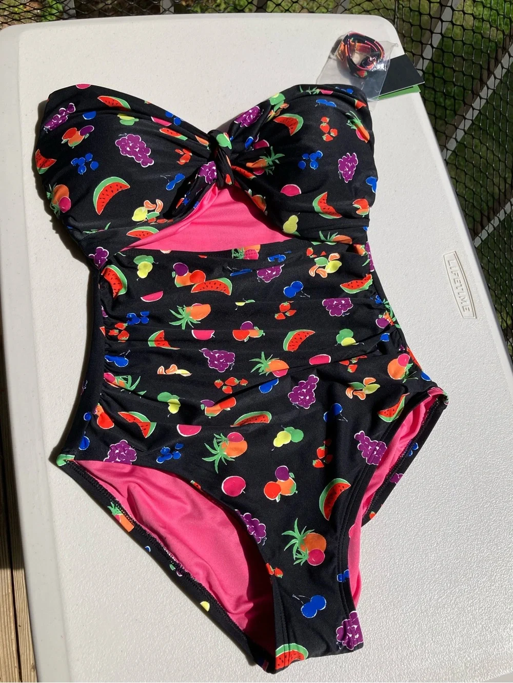 Kate Spade Black One Piece Swimsuit Colorful Fruit Print Bathing Suit NEW